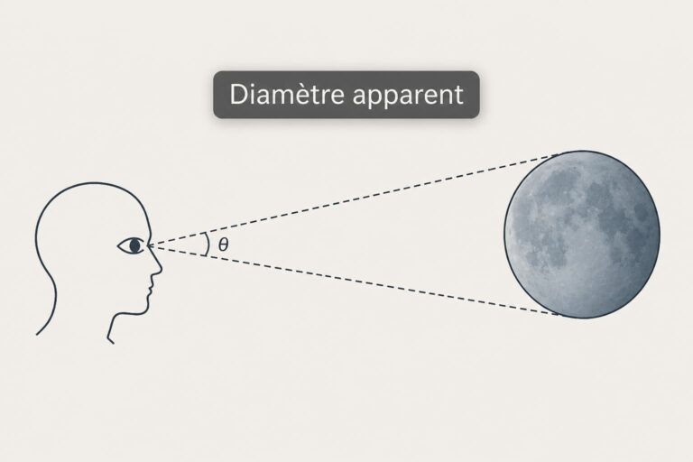 Un observateur simplifié regarde un objet céleste circulaire distant ; deux lignes de visée depuis son œil forment un angle marqué par la lettre θ. Le texte 'Diamètre apparent' est superposé.