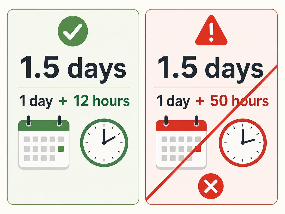 Deux panneaux côte à côte illustrant la conversion de 1,5 jour : à gauche, la bonne décomposition en 1 jour et 12 heures avec une coche verte ; à droite, la mauvaise interprétation en 1 jour et 50 heures barrée en rouge avec un triangle d