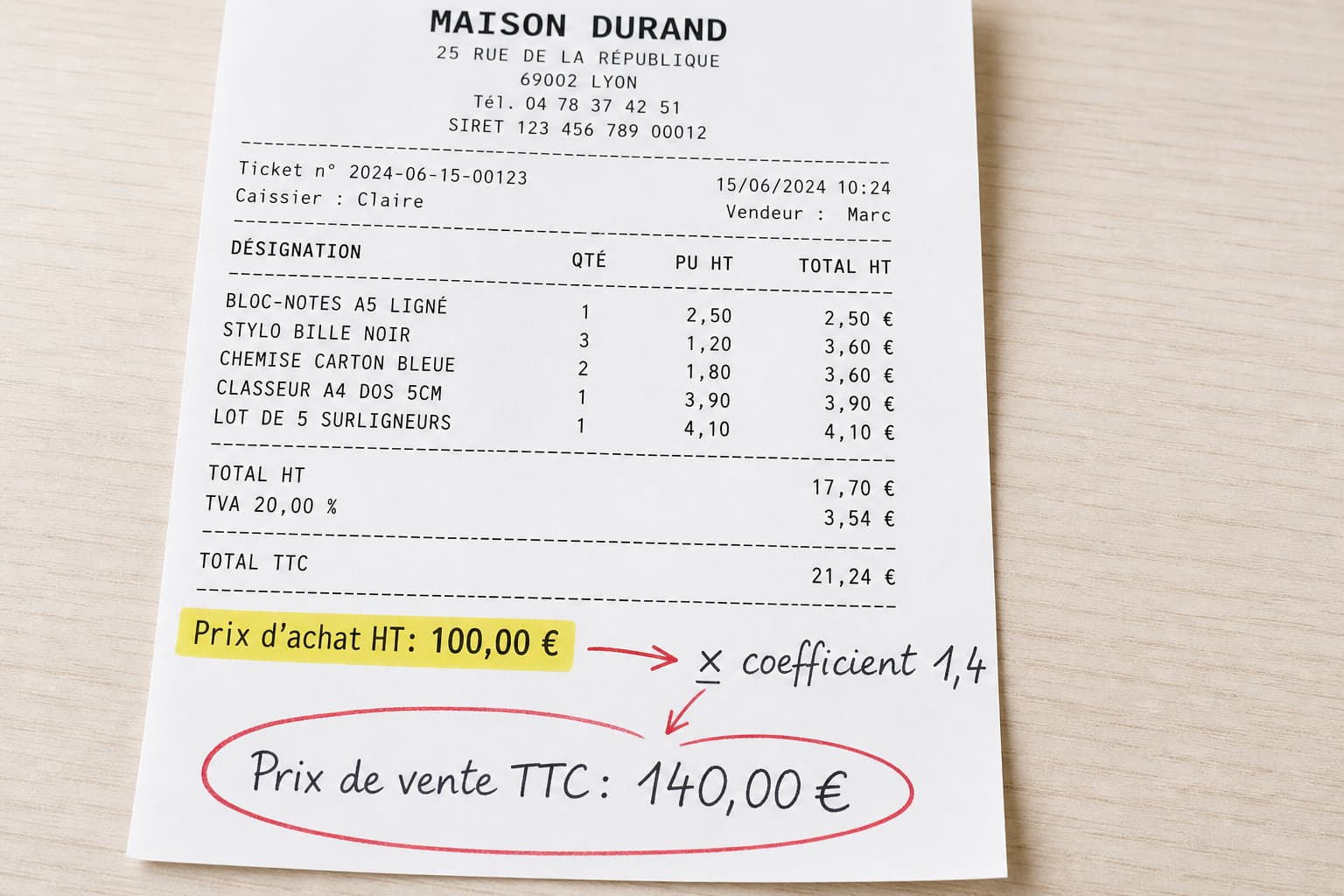 Un ticket de caisse annoté montrant le prix d