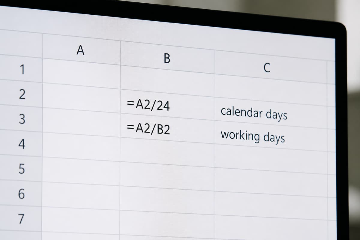 Feuille de calcul affichant deux cellules avec les formules =A2/24 et =A2/B2, chacune accompagnée d
