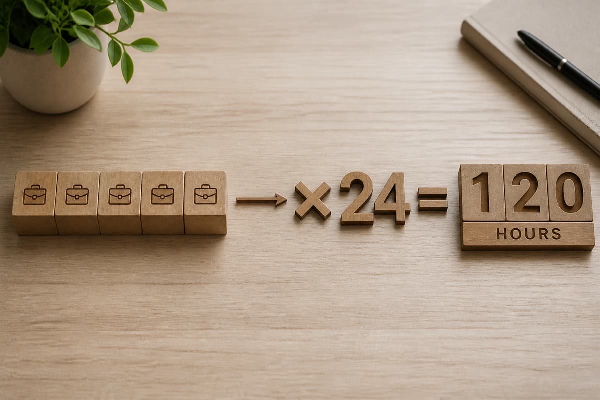 Cinq blocs de calendrier avec une icône de mallette, reliés par une flèche à un symbole × 24 et à un total de 120 heures.