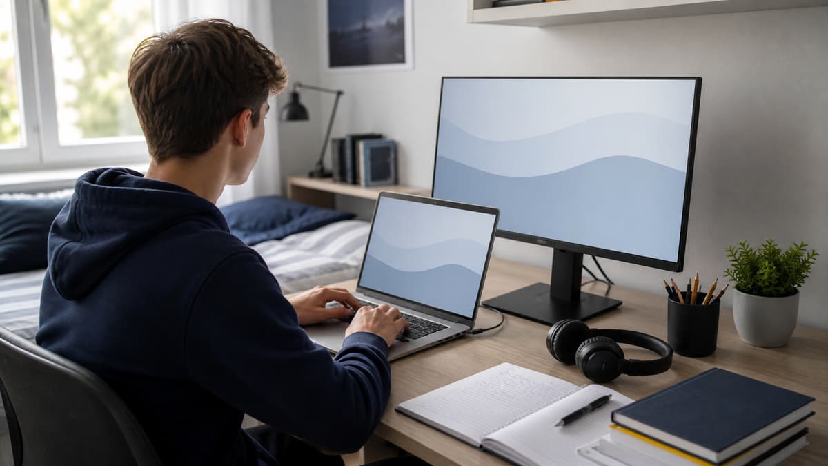 Un lycéen vu de dos travaille sur un ordinateur portable connecté à un écran externe, sur un bureau rangé avec des documents scolaires et des écouteurs.