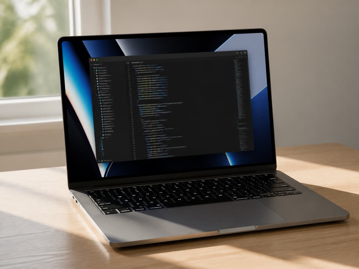 Un MacBook Pro ouvert sur un bureau en bois clair, affichant une interface macOS avec une application de développement sur un écran lumineux.