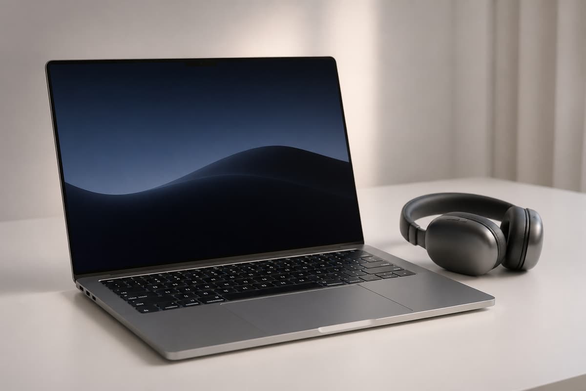 Ordinateur portable fin en aluminium avec écran bord à bord et clavier rétroéclairé, posé sur un bureau minimaliste à côté d