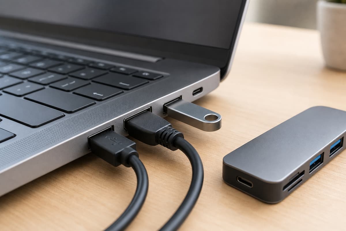 Côté d’un ordinateur portable avec plusieurs câbles branchés : un câble USB, un câble HDMI, une clé USB et un petit hub USB posé à côté.