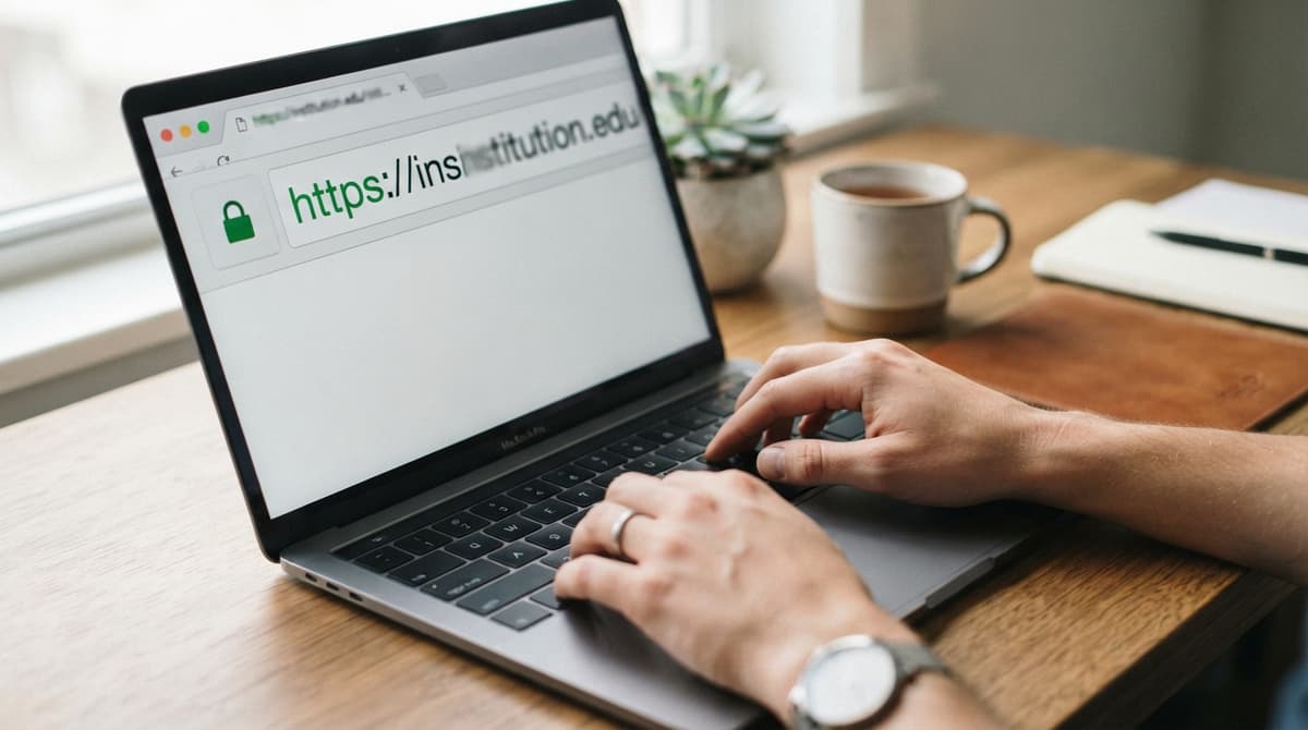 Mains tapant une adresse web dans la barre d