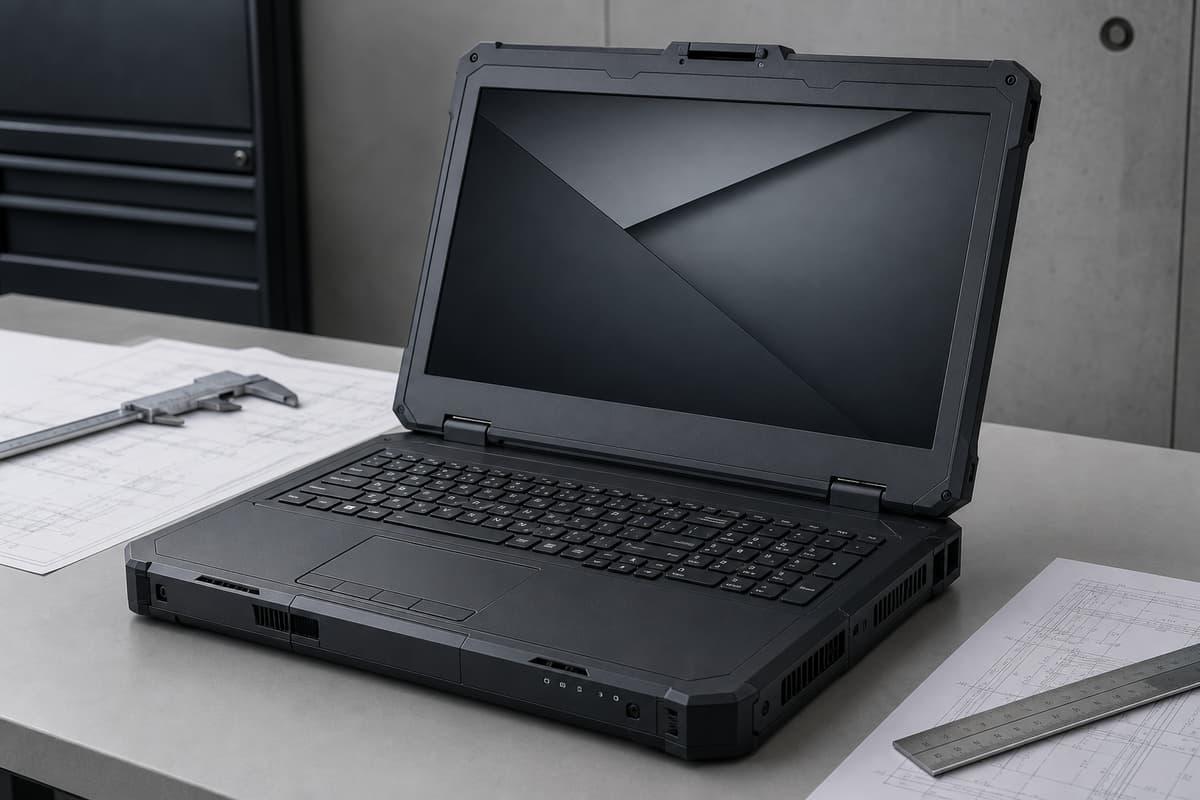 Station de travail portable épaisse et robuste, écran ouvert, avec des grilles de ventilation visibles et un clavier doté d’un pavé numérique, posée sur un bureau technique.