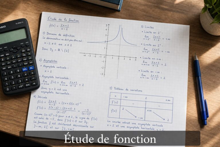 Feuille d'exercice de mathématiques affichant une courbe de fonction, des calculs manuscrits, un stylo et une calculatrice sur un bureau, avec le texte superposé 'Étude de fonction'.