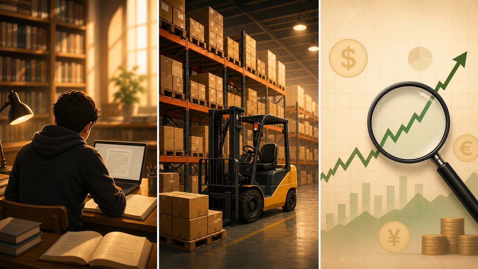Un triptyque horizontal montrant à gauche un étudiant révisant à un bureau, au centre un entrepôt de stockage avec des boîtes et un chariot élévateur, et à droite un graphique financier épuré avec une courbe ascendante.
